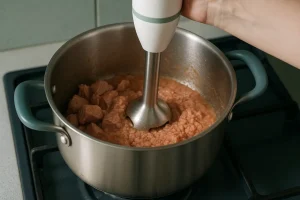 گوشت کوب برقی در حال کوبیتدن گوشت روی گاز